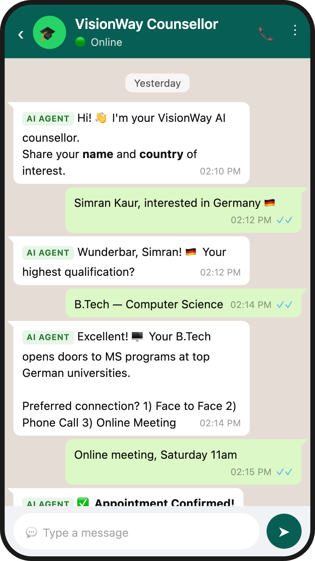 AI Counsellor - Complete conversation flow showing lead capture to appointment confirmation
